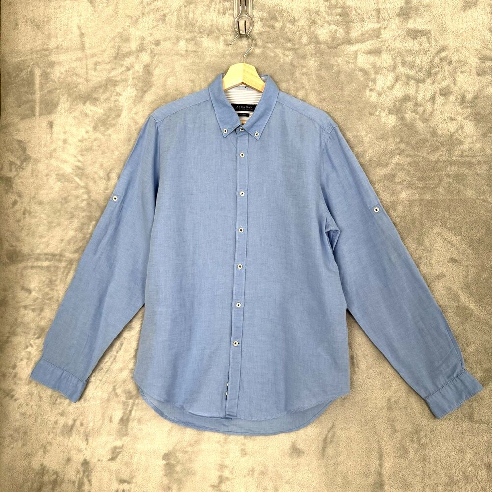 Zara Man Slim Fit Shirt Roll Tab Sleeve Blue Size Large Linen Cotton Blend *READ